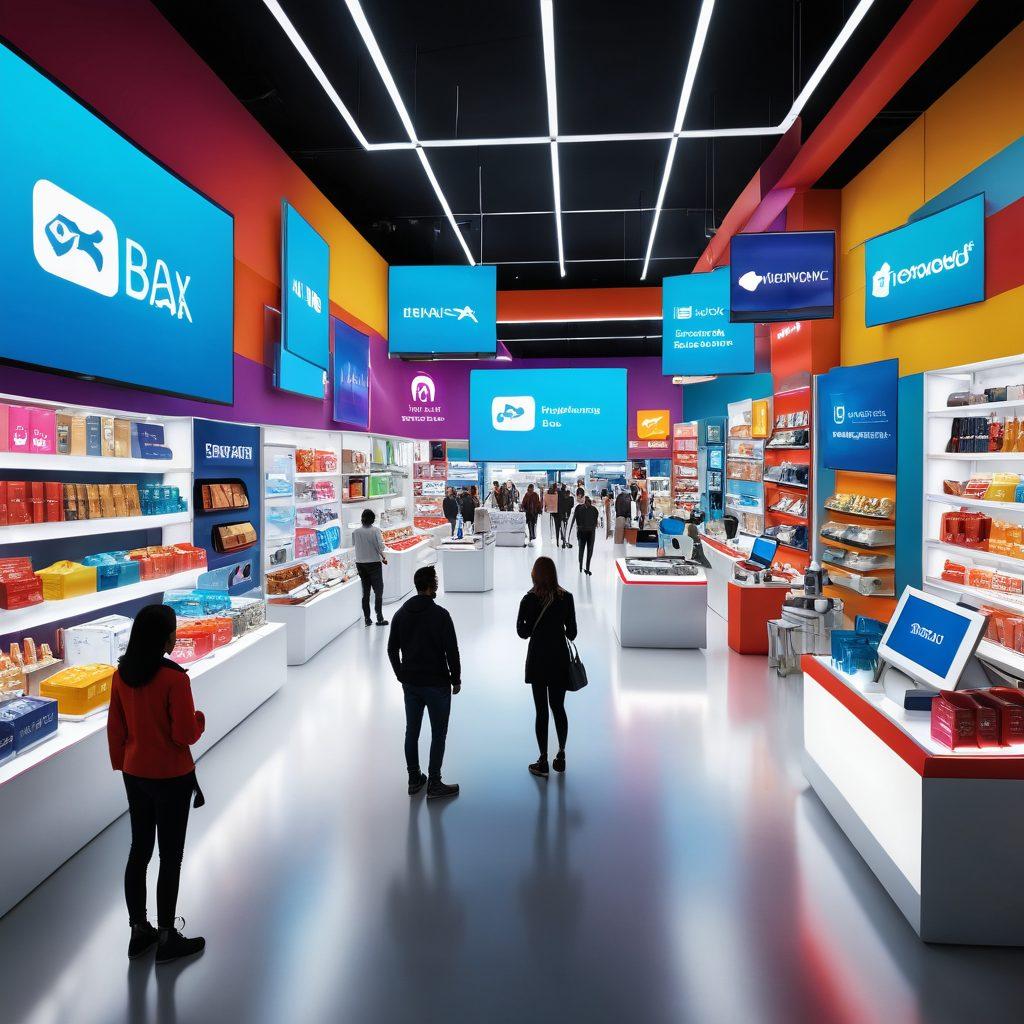A dynamic scene showcasing a bustling digital marketplace with virtual storefronts displaying vibrant products, diverse shoppers interacting with digital screens, and a central figure representing Ebax guiding consumers. Incorporate elements like futuristic payment methods, social media interactions, and delivery drones in the background to emphasize modern retail. super-realistic. vibrant colors. 3D.