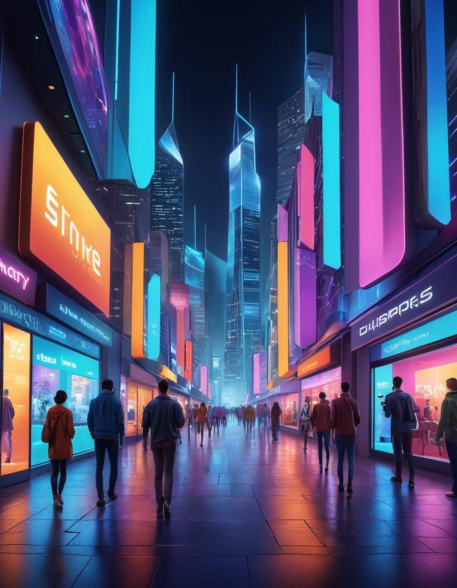 A dynamic visual showcasing a futuristic cityscape with glowing digital storefronts and diverse people engaging in online shopping. Include elements like virtual reality headsets and drones delivering packages, symbolizing innovation in e-commerce. The skyline should reflect progress and technology, while vibrant colors and energetic lighting convey empowerment and connection. futuristic style. vibrant colors. 3D.