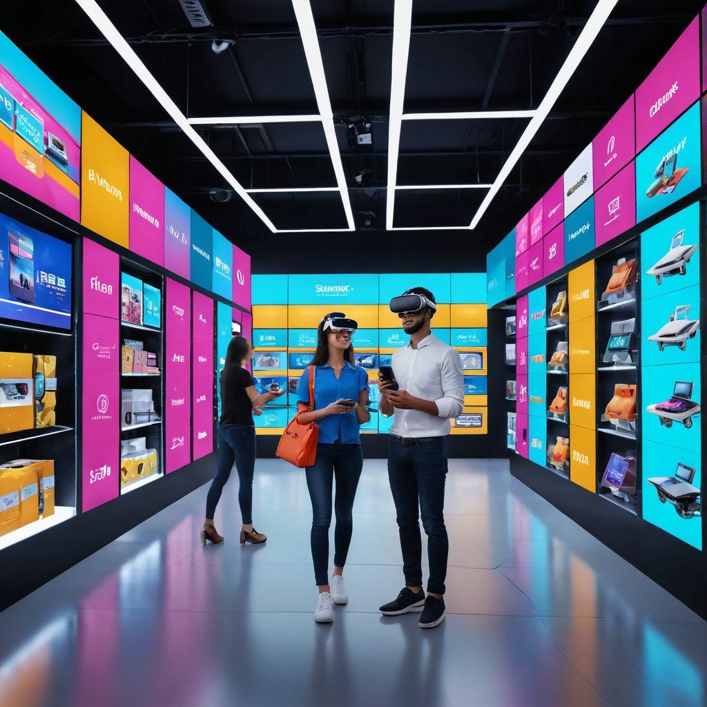 A futuristic online shopping experience featuring virtual reality headsets, diverse shoppers exploring digital stores, and high-tech delivery drones in action. The scene showcases a seamless blend of technology and convenience with vibrant screens and interactive interfaces, conveying the excitement of e-commerce innovation. ultra-modern. vibrant colors. 3D.